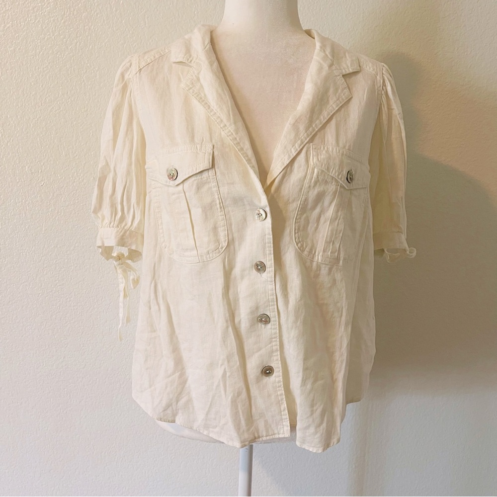 🌹 Free People Safari Babe Puff Short Sleeves Button Down White Size Small - Picture 1 of 6